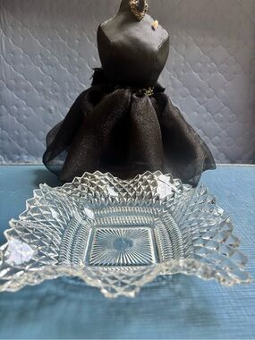 vintage Indiana Glass square candy dish with a ruffled diamond point pattern